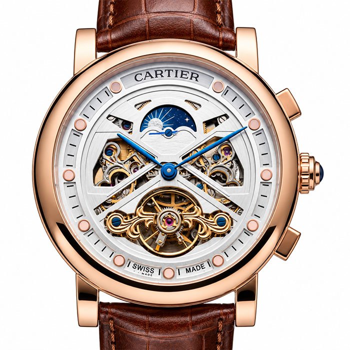 Cartier Rose Gold Skeleton Tourbillon Luxury Watch with Brown Leather Strap
