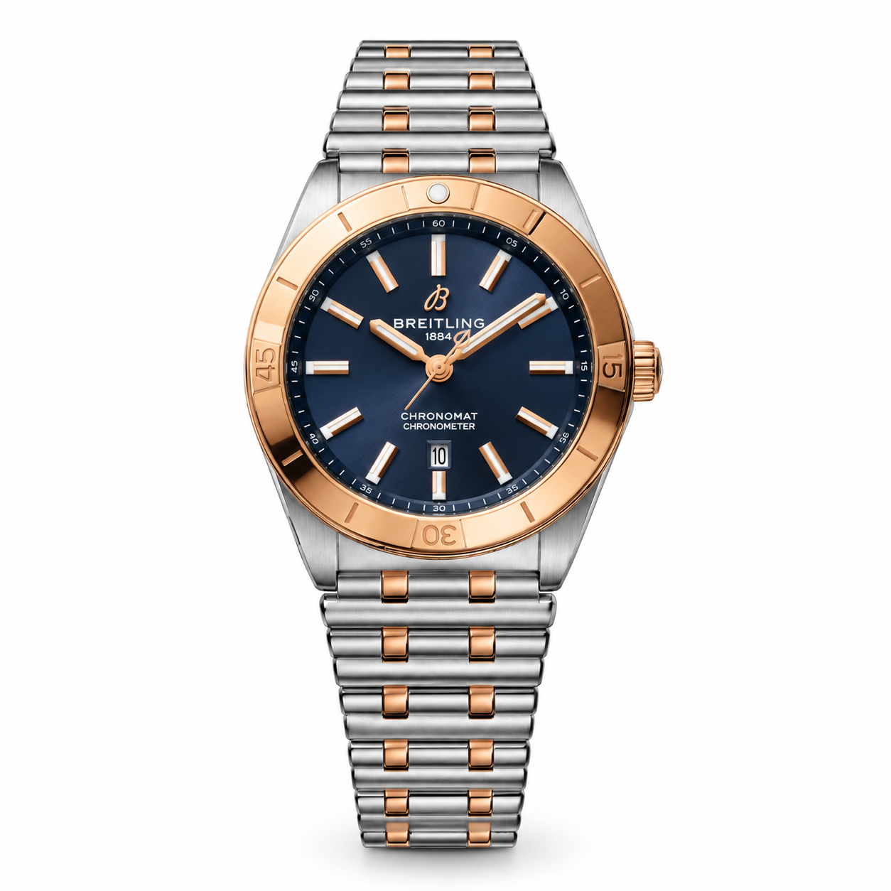 Breitling Chronomat Two-Tone Automatic Men Watch – Navy Blue Dial, Stainless Steel & Rose Gold Bracelet