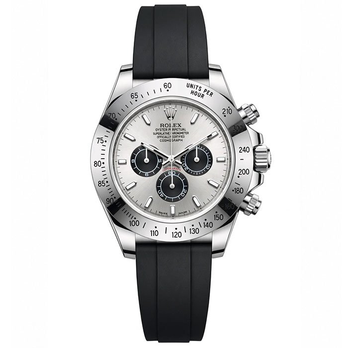 Rolex Cosmograph Daytona Silver Dial Black Oysterflex Rubber Strap Luxury Chronograph Watch