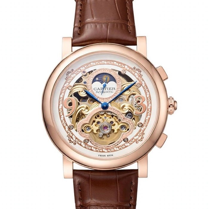 Cartier Skeleton Rose Gold Luxury Chronograph Watch with Brown Crocodile-Pattern Leather Strap