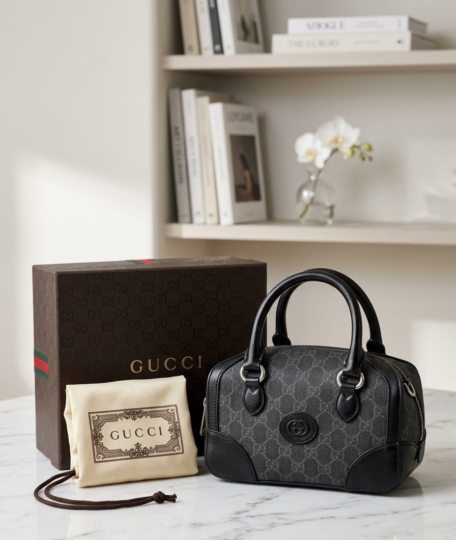 Gucci Black GG Monogram Boston Handbag with Leather Handles