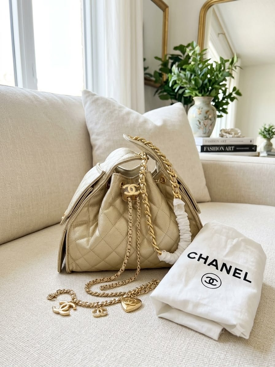 Chanel Beige Quilted Leather Chain Shoulder Bag with Gold-Tone Hardware