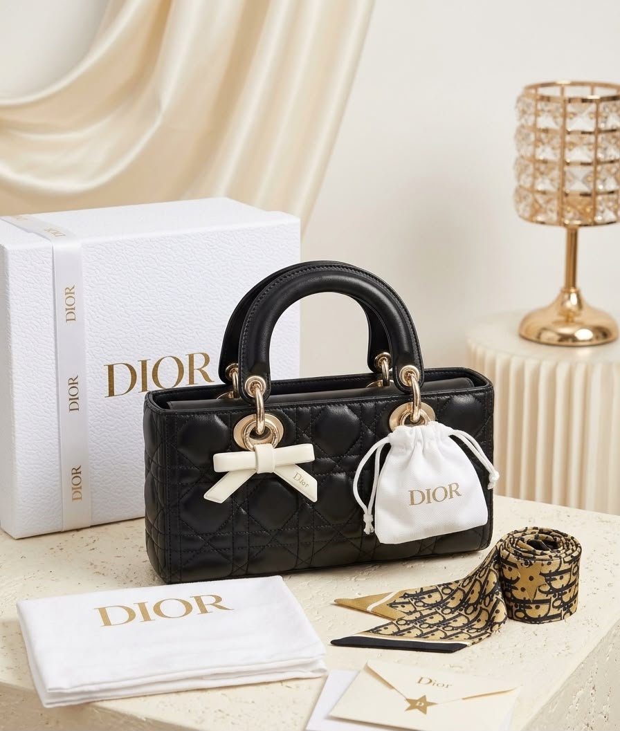 Christian Dior Lady Dior Medium Black Cannage Quilted Leather Top Handle Bag with Gold-Tone Hardware