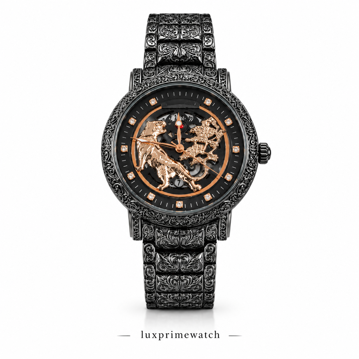 LuxPrimeWatch Luxury Black Engraved Skeleton Dial Men Watch with Rose Gold Tone Horse Design