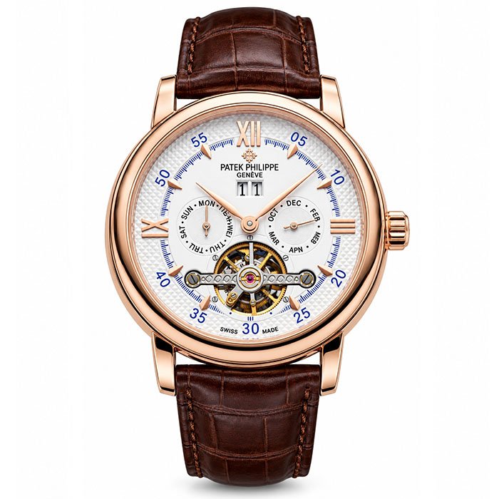 Patek Philippe Grand Complications Rose Gold Tourbillon Automatic Men Luxury Watch with White Dial and Brown Leather Strap