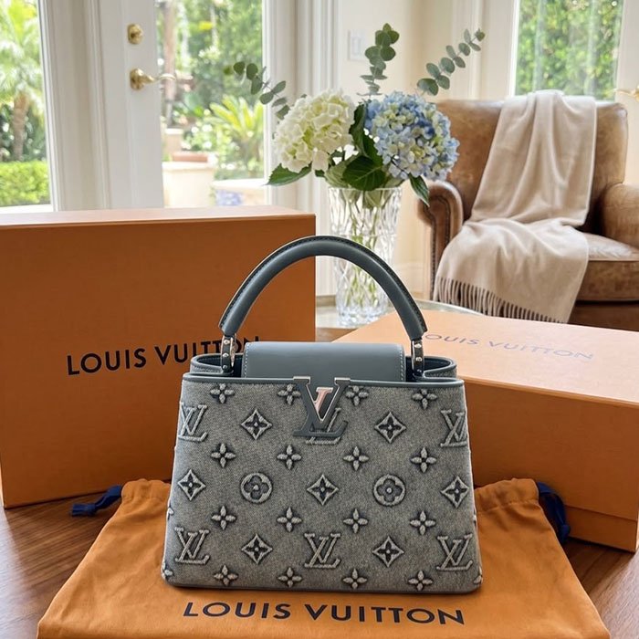 Louis Vuitton Capucines Mini Grey Embroidered Monogram Top Handle Handbag