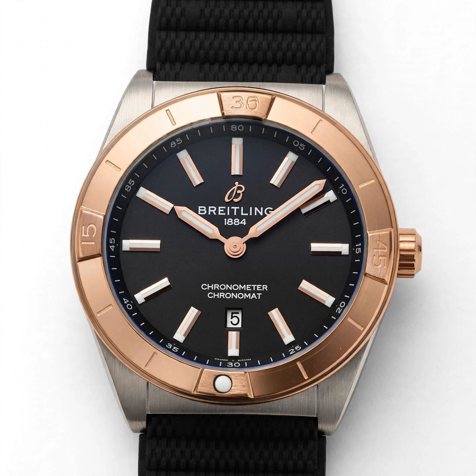 Breitling Chronomat 36 Rose Gold Bezel Black Dial Luxury Watch with Black Rubber Strap
