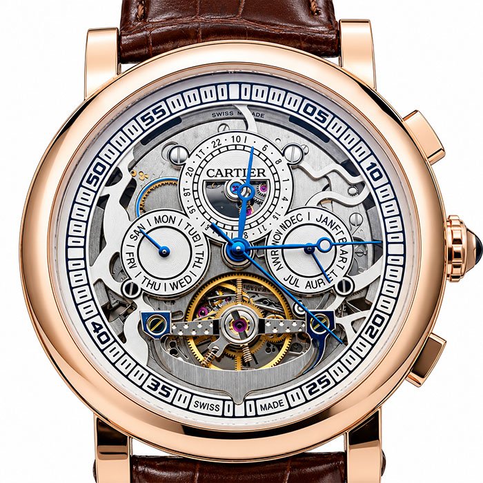 Cartier Luxury Rose Gold Skeleton Chronograph Watch with Brown Leather Strap