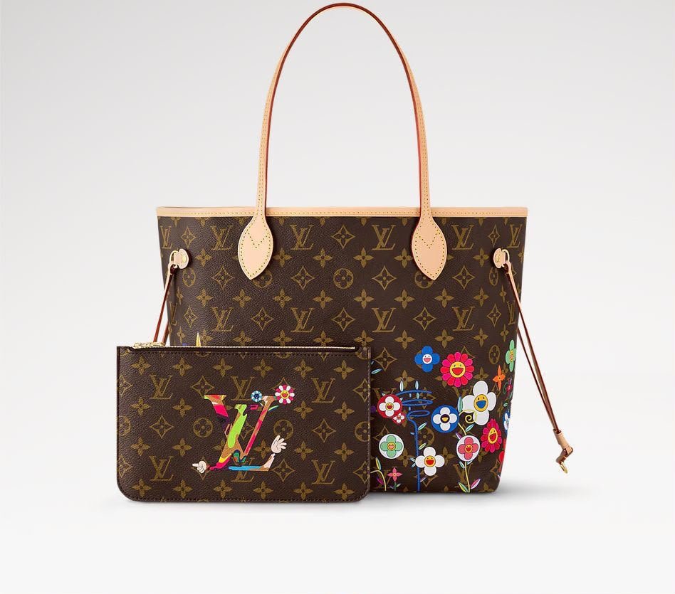 Louis Vuitton Neverfull MM Monogram Canvas Floral Print Tote Bag with Matching Pouch