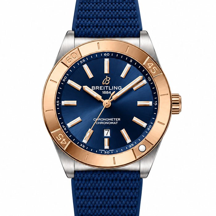 Breitling Chronomat Automatic Blue Dial Rose Gold Bezel Men Watch with Navy Blue Rubber Strap 