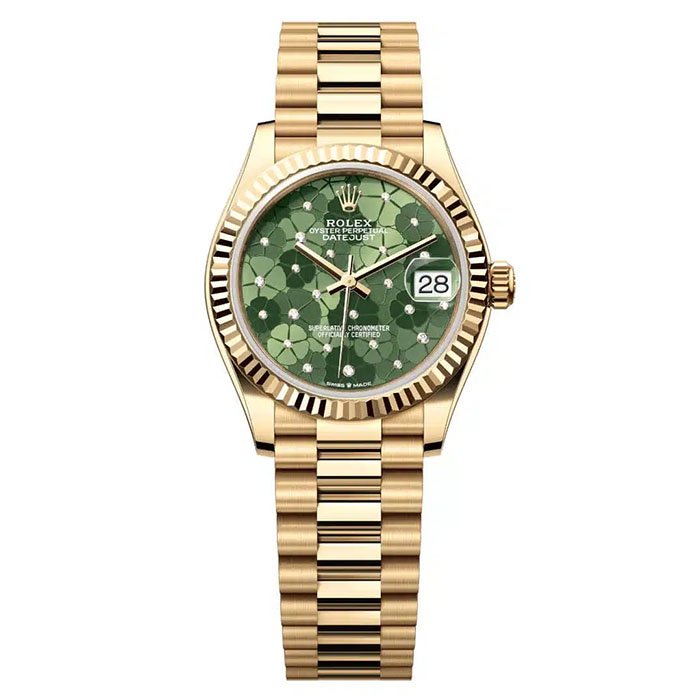 Rolex Datejust Olive Green Floral Motif 28mm President Bracelet Women Watch