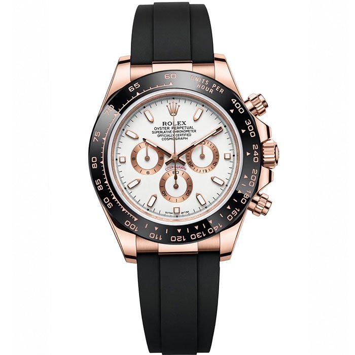 Rolex Cosmograph Daytona 116505 Rose Gold White Dial Black Rubber Strap Luxury Men Chronograph Watch