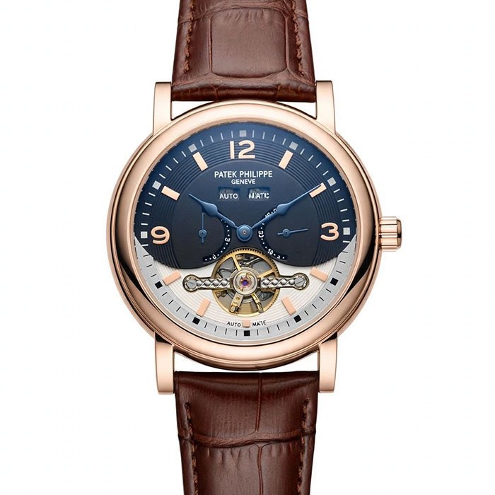 Patek Philippe Geneve Rose Gold Automatic Tourbillon Luxury Watch – Blue & Silver Dial with Brown Leather Strap