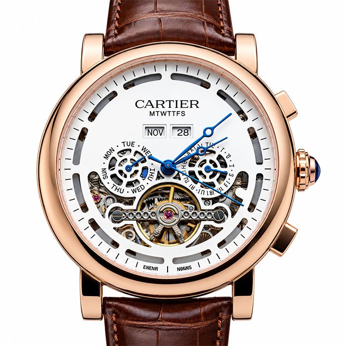 Cartier Luxury Skeleton Automatic Watch – Rose Gold Case with Brown Leather Strap and White Dial